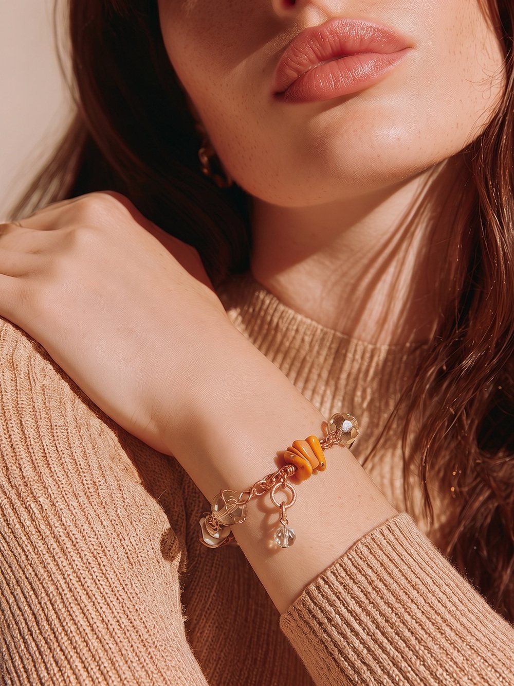 Copper Charm Bracelet with Amber Beads - Women Jewelry☑️